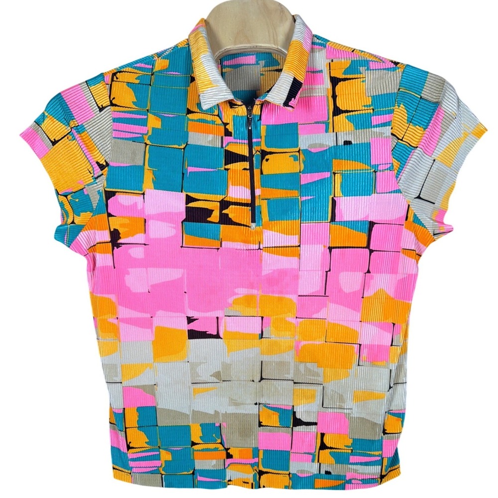 Jamie Sadock Women Multicolor Geometric Plisse Quarter Zip Short Sleeve Polo Top